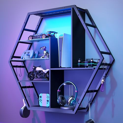 Floating Shelves with RGB LED Lights, Hexagonal Wall Mounted Display Shelf, Gaming Room Decor Storage Shelves with 8 S Hooks, Tempered Glass Shelving, Sturdy Metal Frame Wall Shelf for Bedroom (Black)