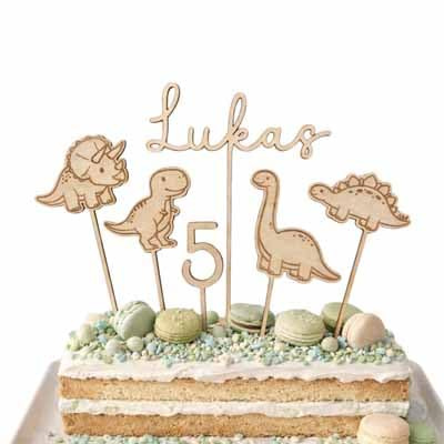 Dino Cake Topper Personalisiert aus Holz mit Name & Alter – Dinosaurier Tortendeko Junge – 4 Dino Stecker + Zahl – Kindergeburtstag Dino Party Deko
