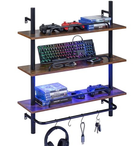 COSTWAY 3-stöckiges schwebende Wandregal, Hängeregal mit RGB-LED Beleuchtung, 4 S-Haken & Metallstange, Küchenregal Rohrregal Holzregal für Wohnzimmer, Küche & Spielzimmer (80,5 x 24 x 97 cm)