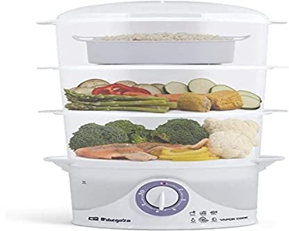 Orbegozo CO 4015 - Vaporera eléctrica, libre de BPA, 3 recipientes apilables incluyendo uno especial para arroz, temporizador hasta 60 minutos con parada automática, 800 W de potencia, Blanco