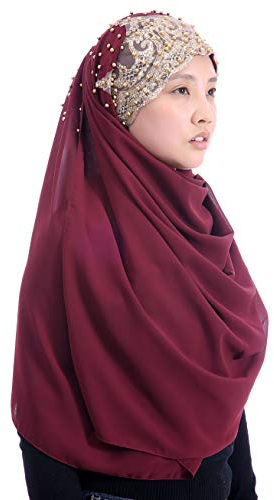 Lina & Lily Damen Hijab Kopftuch aus Chiffon mit Goldenen Pailletten & Glitzer & Perlen (Kastanienbraun)