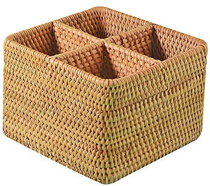 i-lan Natural Rattan 4 Compartments Cooking Utensil Silverware Organizer Holder Cosmetics Storage Box Cutlery Caddy Flatware Serving Basket (180mm 4-Compartment Box)