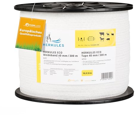 Farmland Herkules Power Weidezaunband - 300 Meter Weidezaun Band - Robustes Weideband mit Niroleitern - 40 mm breites Weidezaun Breitband für alle Tierarten