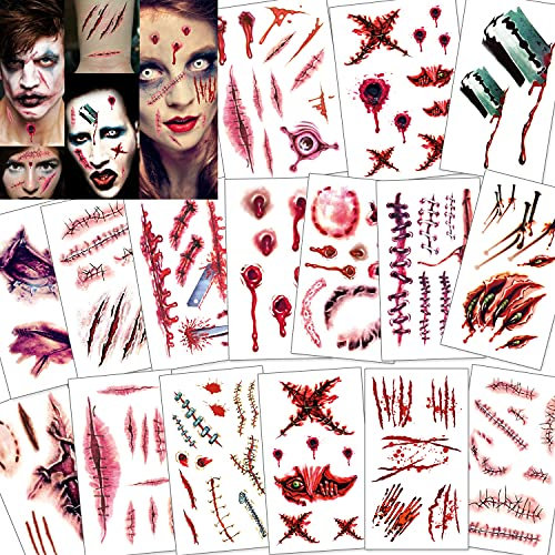 Konsait 118pcs Tatouages Cicatrices Halloween Tatouage Zombie, Plaie Vampire Faux Sang Blessure Tatouage Temporaire Autocollants pour Décoration Halloween Maquillage Cosplay