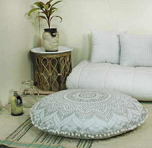 Großer runder Mandala-Hippie-Kissenbezug – Hippie-Kissenbezug – weißer Ombre-Pouf-Kissenbezug – Meditationssitzung Ottomane Überwurf Dekorative Böhmische Pom Pom Bodenkissenhülle – 45,7 cm Silber