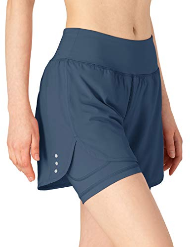 donhobo 2-in-1-Laufhose für Damen Schnell trocknend Atmungsaktiv Aktiv-Training Jogging Shorts Yoga Fitness Kurze Hose (Grau blau, XL)