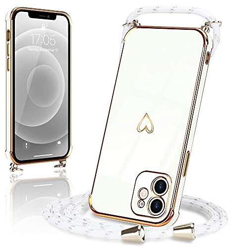 Micoden Crossbody Case for iPhone 12 with Heart Plating-White | Cute Luxury Silicone Shockproof Cover,Adjustable Lanyard Strap Cord Necklace for Girls Women