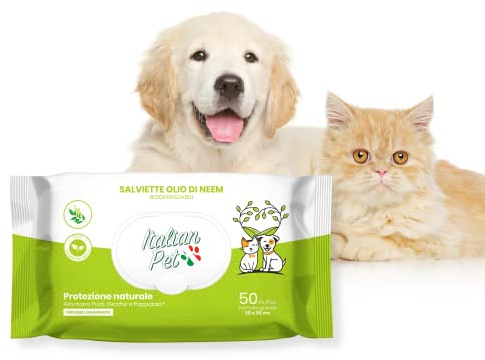 Italian Pet - Biologisch abbaubare Tücher Neemöl - Antiparasitäre Tücher - Schützt Hunde, Katzen, Haustiere vor Flöhen, Zecken, Papageien - 50 Einweg-Bio-Tücher - 20x30 cm