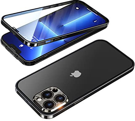 Schnalle Installation iPhone 13 Hülle 360° Vollaluminium Bumper mit Schloss gehärtetes Glas stoßfest durchscheinend Rückwand doppelseitiger Schutz (iPhone 13, schwarz)