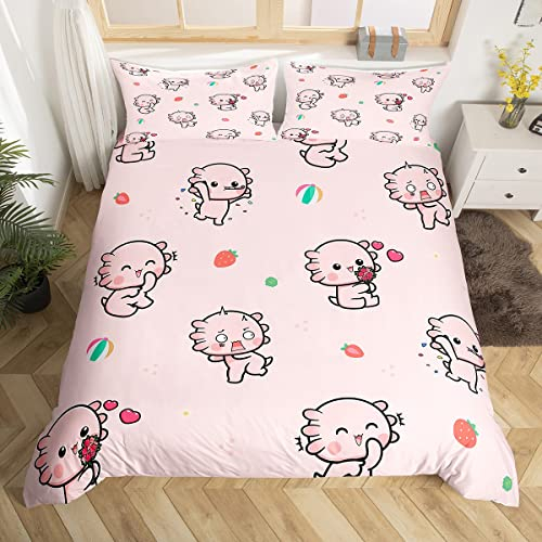 feelingyou Cartoon Axolotl Bettbezug 135×200 cm,Süß Rosa Babyfish Bettbezug für Kinder Jungen Schlafzimmer, Frucht- und Herzdruck Bettwäsche-Set mit 1 Kissenbezug Tagesdecke, Weich