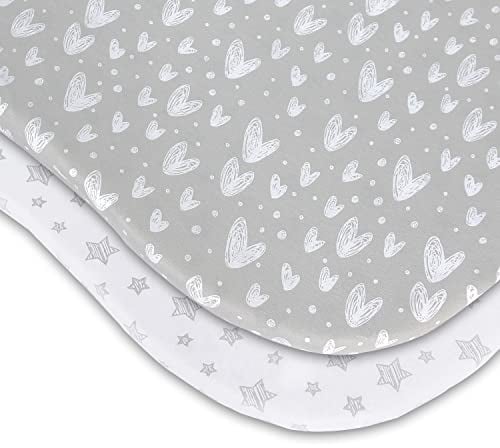 SPRINGSPIRIT Baby Pram Sheets/Moses Basket Fitted Sheets 2 Pack, 100% Cotton Pram Carry Cot/Moses Basket Mattress Cover, Fits for mattress approx 75-78x30-35cm, Stars & Hearts Print