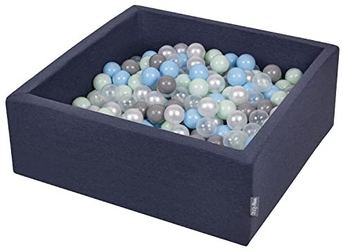 KiddyMoon Bällebad 90X30cm/200 Bälle ∅ 7Cm Bällepool Mit Bunten Bällen Für Babys Kinder Quadrat, Dunkelblau:Perle/Grau/Transparent/Babyblau/Mint