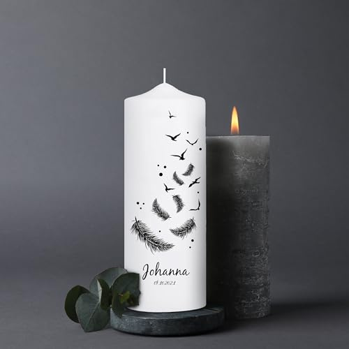 Wandtattoo Loft Trauerkerze personalisiert mit Namen und Datum, Motiv mit Federn und Vögeln, 18cm x 7cm, personalisierte Trauerkerze, Kondolenzkerze, Beileidskerze, Trauerlicht, Grabkerze