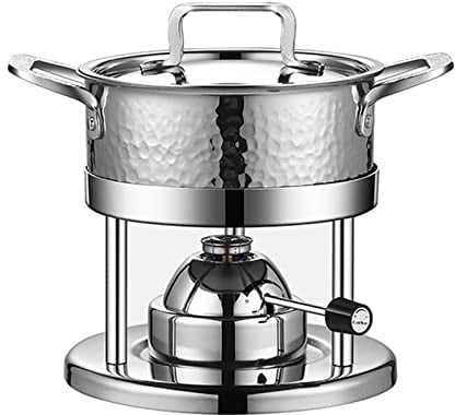 Detachable Hotpot Shabu Hot Pot Mini Stainless Steel Hammered Chafing Dish w/Stand Personal Stock Pot Cookware with Burner for Induction Cooktop, Gas Stove