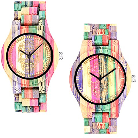 MicLee Herren Damen Einfach Holzuhr Cooler Gulu-Kopf Farbenfrohes Naturholz Zifferblatt Holz Analog Quarzwerk Armbanduhr Für Frauen Männer Geschenke