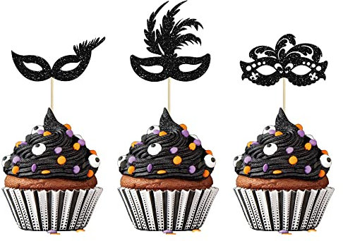 Gyufise 24Pcs Masquerade Masks Cupcake Toppers Glitter Bachelorette Party Mask Cupcake Food Fruit Picks Masquerade Mardi Gras Party Baby Shower Birthday Party Cake Decorations Black