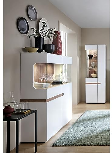 Lomadox Wohn-/Esszimmer Vitrinen Set mit Beleuchtung in weiß Hochglanz mit Trüffel Eiche Nb. LEGNICA