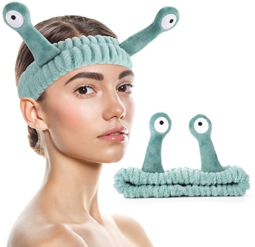 WLLHYF Spa-Stirnband, Gesichts-Make-up, Mikrofaser, weiches Korallenvlies, Kopfwickel, Schnecke, Cartoon, niedlich, Haarschmuck, elastisches Hautpflege-Haarband für Frauen Gesicht waschen(Grün)