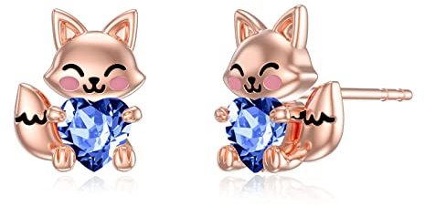 LONAGO Fuchs Ohrringe 925 Sterling Silber Netter Fuchs Hält Herz Ohrstecker Schmuck für Frauen （September）