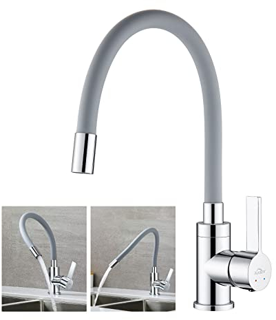 Küchenarmatur mit Flexibler Silikonschlauch, Auralum Hochdruck Wasserhahn Küche, Armatur Küche 360° Drehbar, Mischbatterie Küche mit Flexibler Auslauf (Grau)