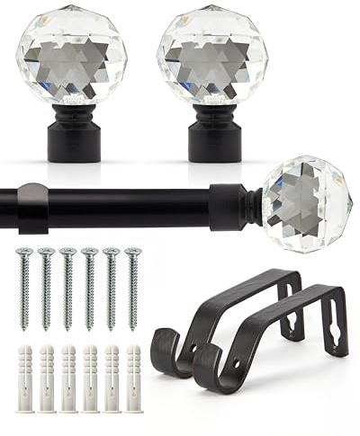 Emma Barclay Extendable Curtain Pole With Finials Brackets & Fittings Sets 16-19mm in Matt Black Metal Curtain Poles For Eyelet Curtains Rod - Crystal Collection 1.2m - 2.1m Matt Black