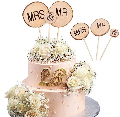 Laughhe 3 Stück Mr & Mrs Cake Toppers, Tortenaufsatz aus Holz Mr Mrs Holz Torten Topper Holz Tortentopper für Hochzeits- Oder Jubiläumstortendekoration