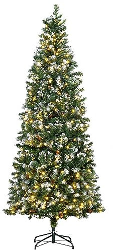 HOMCOM Albero di Natale artificiale con luci LED Altezza 230 cm Albero di Natale stretto con 1051 rami 45 pigne e polvere scintillante Base pieghevole Ø100x230 cm Verde