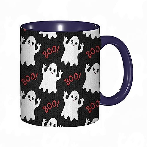 Kaffeetasse Ghost Happy Halloween Thema Goofy Black Boo Text Muster Rot 325 ml Keramik Teetasse mit Griff für Home Office Weihnachten Geburtstag