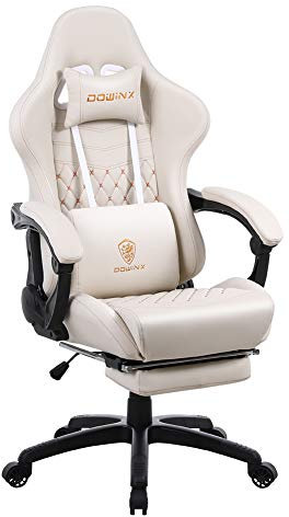 Dowinx Gaming Chair Retro, Ergonomic Computer Office Chair with Footrest, PU Leather Game Chairs with Massage Lumbar Support for Adults, White