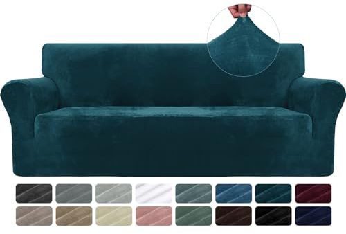 CYCMACO Samt Sofa Überzug 3 Sitzer, Sofabezug Elastische, Couch Überzug Haustier Katze Hunde, Universal Sofa Cover Moderne, Sofahusse Mit Armlehnen, Sofaschoner rutschfest, Dunkel Grün