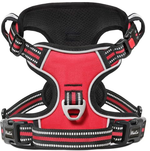 HEELE Harnais pour Chien, Harnais Réfléchissant Anti-Traction pour Moyen Chien avec Poignée Rembourrée, 1 Boucle sur la Sangle de Cou Droite pour Un Dégagement Rapide, Rouge-Verrou, L