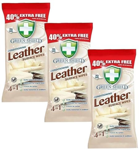 Green Shield Conditioned 4-in-1 Leather Surface Wipes | Fresh Scented Leather Wipes Removes Dirt & Grime with Protecting the Surface | Multi-purpose Use Gives Surfaces an Original Finish (3 Packs)