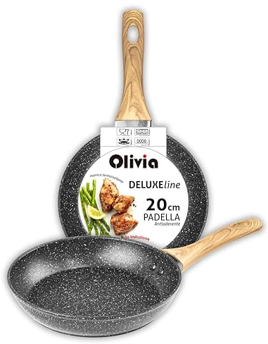 IPEA Padella Antiaderente per Induzione e Fornello a Gas - 20 x 20 cm - Padella Anti Aderente in Alluminio con manico in Legno per Carne, Bistecche, Hamburger, Pesce - Padelle da Cucina