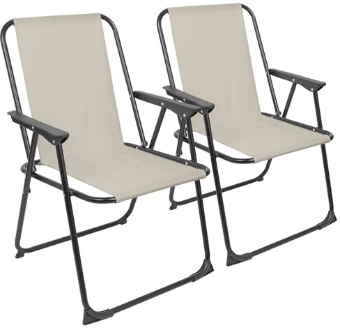 Harbour Housewares 2X Matt-Schwarz/Beige Klappbarer Strandstuhl aus Metall - Tragbar Leicht Adulten Draussen Camping Garten Angeln Sonnenliege Sitz