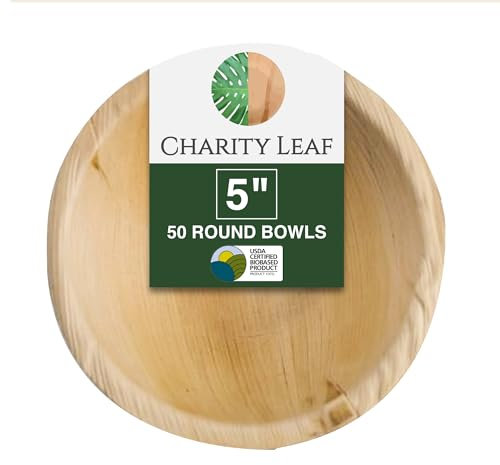 Charity Leaf Disposable Palm Leaf 5 Round Bowl (50 pcs) Dipping Bowls | Bamboo Like| All Natural and Biodegradable | Charcuterie Boards, BBQs, and Parties