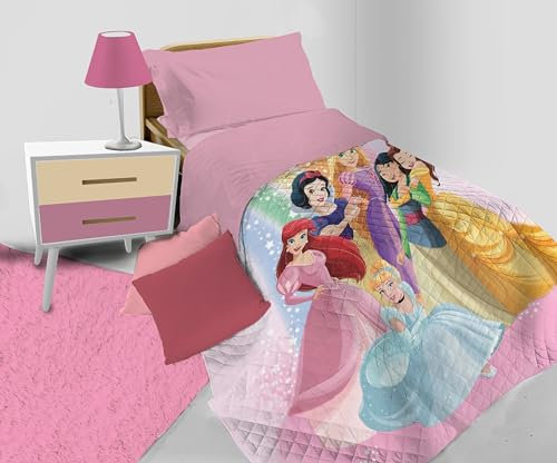 hermet Disney Prinzessinnen, Gesteppte Tagesdecke für Einzelbett, Frühling, Einzelbett, Übergangsdecke, 100% Mikrofaser, offizielles Disney-Produkt