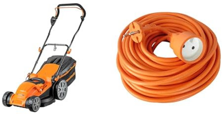 LawnMaster MEB1840M Tondeuse électrique Gazon 1800W 40cm, 6 Hauteurs Réglable 20-70mm & Zenitech Prolongateur 16A HO5VV F 2x 1,5 2P sans terre Orange 25m Mâle à Femelle