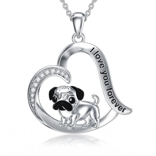 ROMANTICWORK Mops Kette 925 Sterling Silber Mops Anhänger Halskette Hund Schmuck Mops Geschenke für Damen Hundeliebhaber
