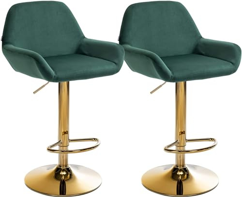 CLP 2er Set Barhocker Braga Samtbezug Gold-Gestell I höhenverstellbar und 360 drehbar I moderner Barstuhl mit Fußstütze für Küche und Bar | Farbe dunkelgrün