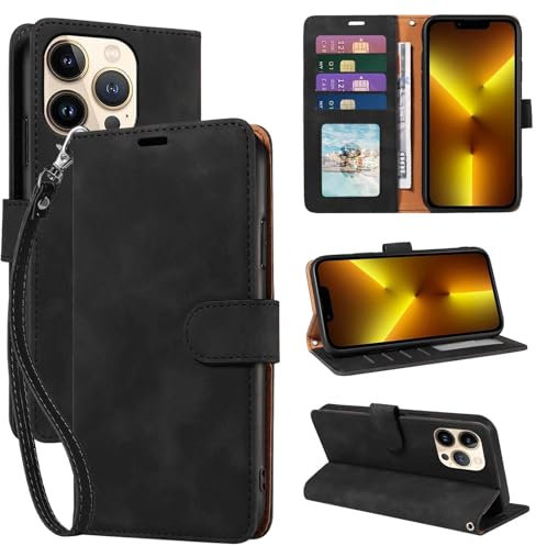 GOTOURED for iPhone 13 Pro Phone Case Wallet, RFID Blocking 4 Card Slots, Wrist Strap, Kickstand, Magnetic Closure, Shockproof Protective Soft Leather Flip Cover (Black)