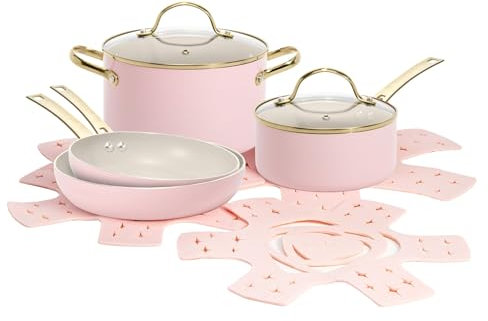 FACKELMANN Paris Hilton Batterie de cuisine 10 pièces – Aluminium & Céramique Revêtement anti-adhésif Compatible induction Passe au lave-vaisselle en rose/crème/doré