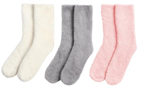 OHS 3 Pack Fluffy Fleece Socks, Christmas Gifts for Women Super Soft Cosy Warm Socks for Women Fluffy Winter Gifts for Her Ladies Fleece Sock Set - Pink, Grey, Cream, UK 3-8
