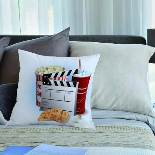 EMCLKS Designs Kissenbezug Männer/Frauen/Jungen/Mädchen Wohnzimmer Schlafzimmer Sofa Stuhl Kissenbezüge,Soda Tickets Frisches Popcorn und Filmklappe Blockbuster Premiere Kino,45x45cm