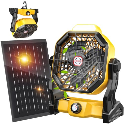 20000 mAh Solar Fan with LED Lantern, Camping Fan with Solar Panel, 7W Rechargeable Solar Powered Fan for Outside, Quiet Battery Operated Tent Fan for Picnic, Barbecue, Fishing, Travel