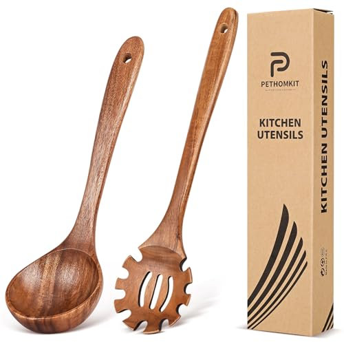 Wooden Spoons for Cooking,2 Pcs Wooden Utensil Set of Soup Ladle &Spaghetti Pasta Spoon with Teeth, Teak Wood Soup Ladle&Slotted Pasta Fork Strainer Spoon Set for Serving Collecting Noodle Gravy Sauce