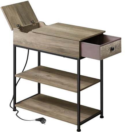 WLIVE Side Table, Narrow Side Table with Charging Station, 2 USB & AC Outlets, Space-Saving End Table for Living Room, Sofa Bedside Table with Fabric Drawer, Grey Oak