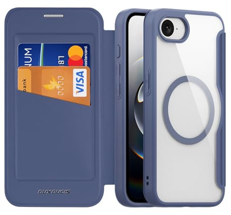 DUX DUCIS Magnetisch Hülle für iPhone 16e, [Kompatibel mit MagSafe] Premium Flip Leder Klar Stoßfest Schutzhülle Handyhülle mit RFID Blocker für Apple iPhone 16e 2025 Klapphülle (Blau)