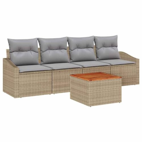 vidaXL 5-teiliges Gartensofa-Set mit Kissen in Beige aus Poly-Rattan und Akazienholz – Möbel für den Außenbereich, ideal für Terrasse und Balkon, mit praktischen Stühlen und einem Tisch.