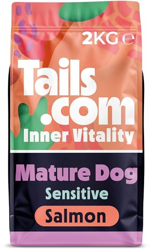 Tails.com • Dry Dog Food 2kg • Sensitive Salmon • Mature/Senior 7+ years • Grain Free Recipe • No Added Flavours, Colours or Preservatives • Contains Omega 3 to Support Skin and Coat | Grain-free dry food for senior sensitive dogs. Hydrolysed salmon, glucosamine & chondroitin for joints, taurine for heart.