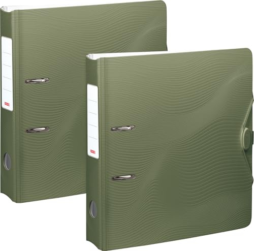 BRUNNEN A4 Ordner Wave PP, gerader Rücken, 2er-Set, 70 mm, mit Gummizug, Stifthalter, Einstecktasche, Blattniederhalter, Radoösen, Wellendesign, leicht, Trendfarben Forest (Dunkelgrün)